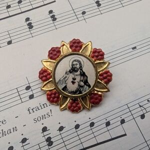 Vintage Religious Brooch with Red and Gold Accents